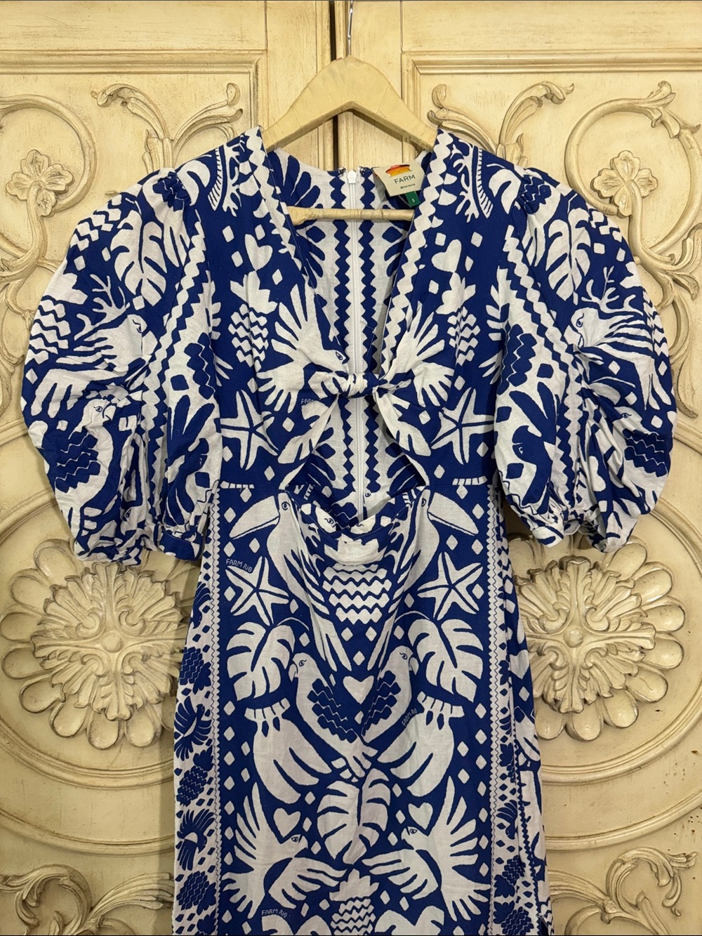 Farm Rio Jungle Scarf Puff Sleeve Cutout Linen Blend Dress In Navy Blue Size S - Picture 7 of 16